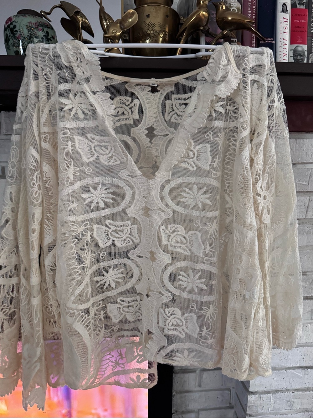 JENS PIRATE BOOTY Lace Cover top sheer, bell sleeves medium ULTRA RARE FIND